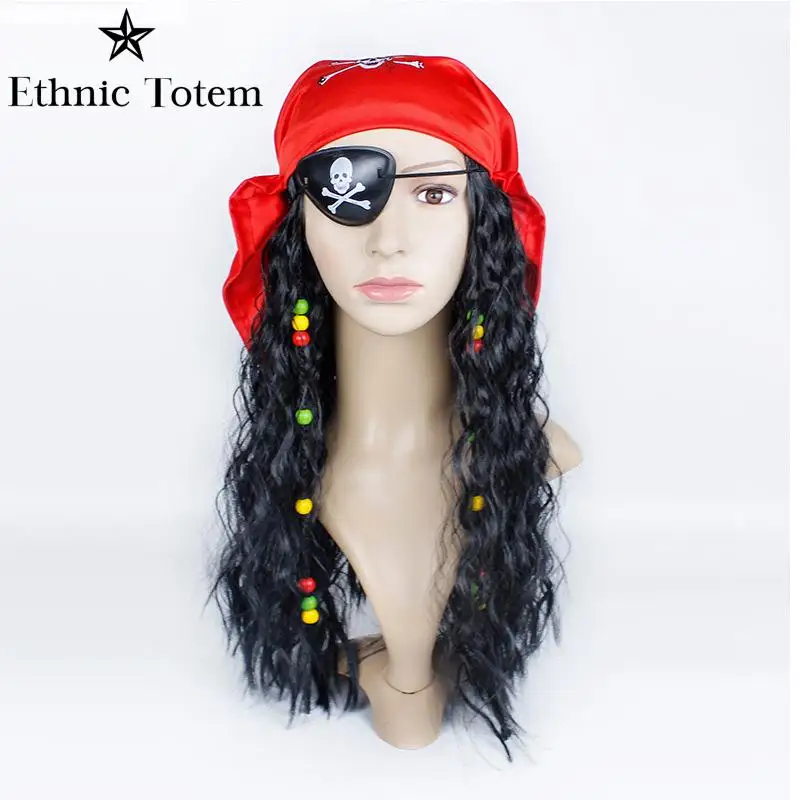 Cosplay Hat Captain Pirate Brown Hat Wig for Adult Jack Sparrow Faux Leather Hats with Hair Halloween Cosplay Costume Props Accessories