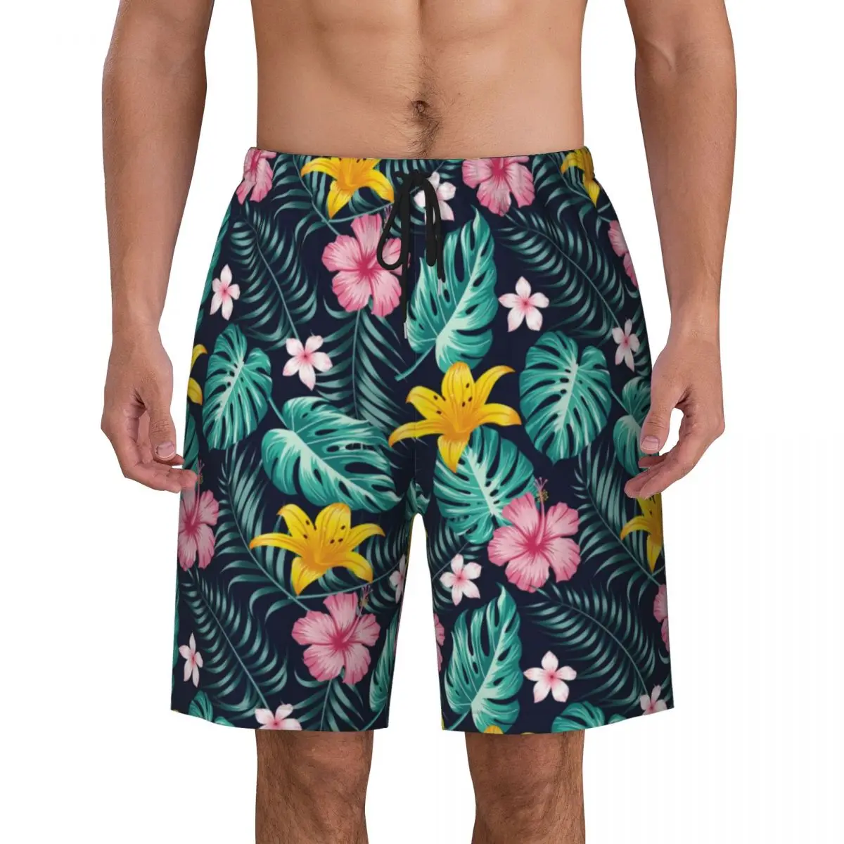 

Pink Hibiscus Flower Gym Shorts Summer Palm Leaves Print Sports Board Short Pants Man Breathable Y2K Funny Design Beach Trunks