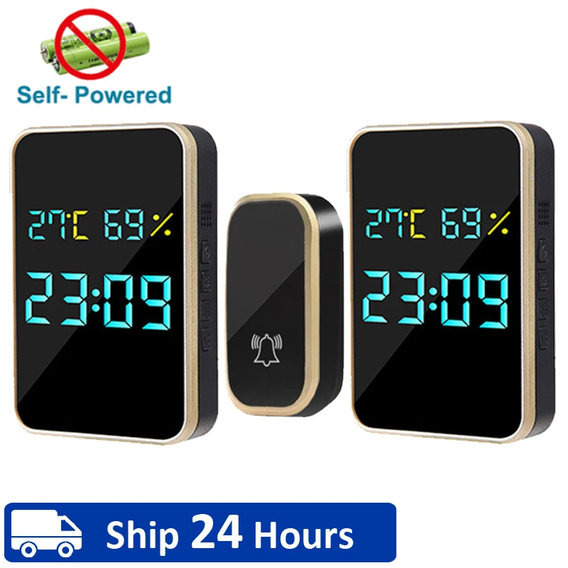 Campanello Senza Fili Senza Batteria Campanello Per Porta Autoalimentato Display Temperatura Umidità Tempo 433Mhz Home Outdoor Welcome Ring Chime