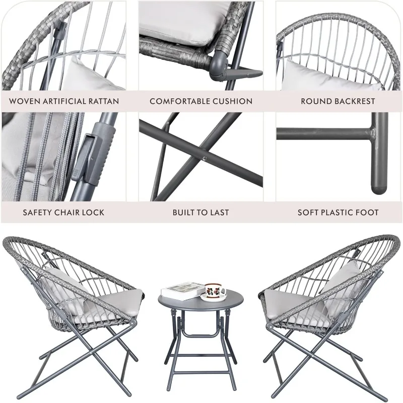 Foldable 3-Piece Patio Bistro Set with Folding Rattan Chairs and Round Table - Small Outdoor Furniture for Balcony, Garden 6