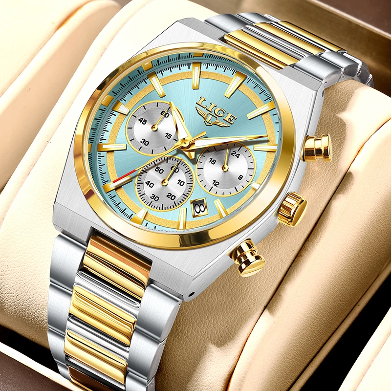 LIGE Men's Waterproof Luminous Quartz Chronograph Sport Watch with Gift Box