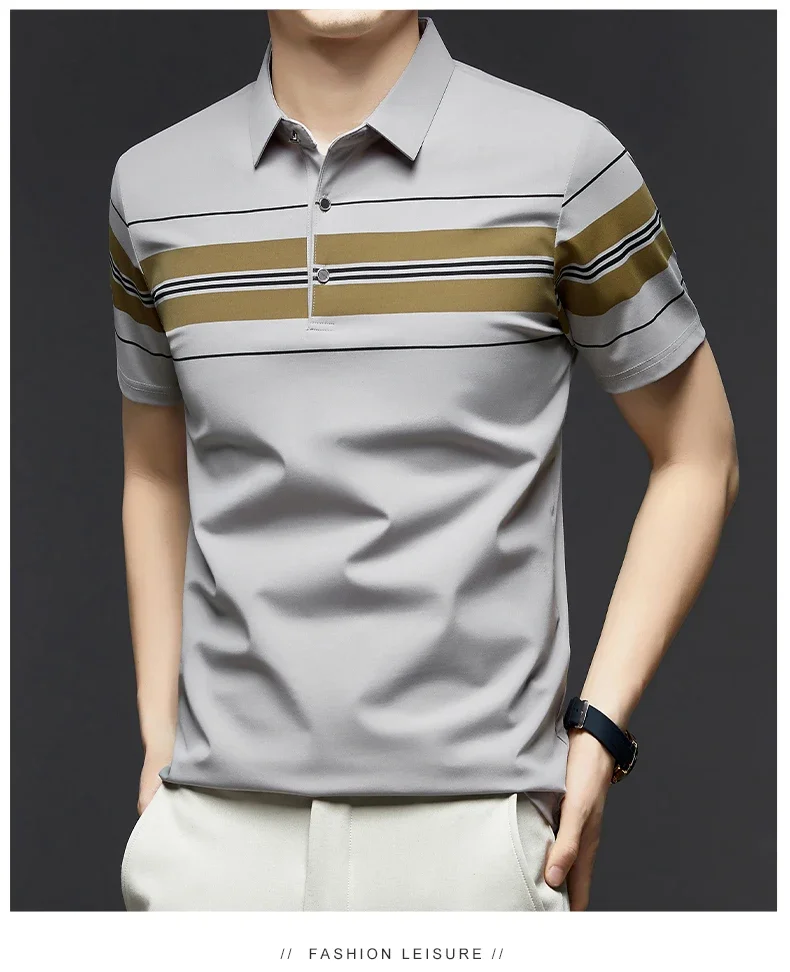 BROWON Brand 2025 Summer Men Polo Shirt Short Sleeve Lapel Collared Smart Casual Striped Office Polo Tops Tees for Men 17 S38d12667f07a463296688997f72c402bF