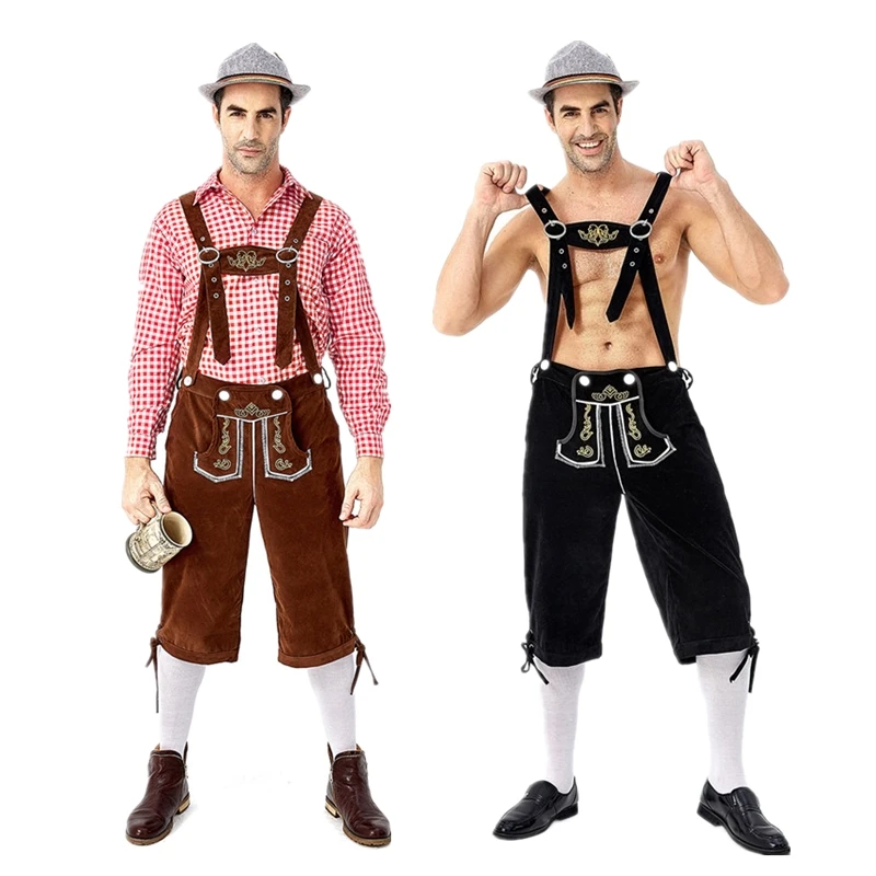 

German Oktoberfest Bavarian Beer Costume Suspenders Shorts Halloween Cosplay Outfit Male Oktoberfest Lederhosen Costume