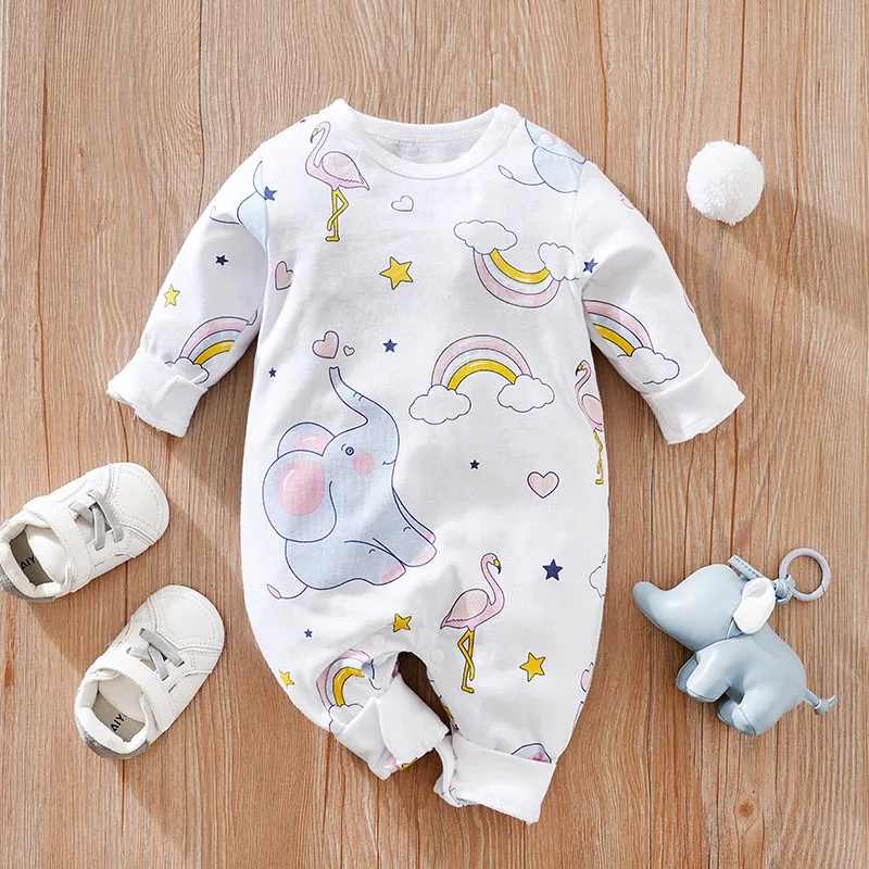 Spring And Autumn Boys And Girls Cute Cartoon Rainbow Elephant Print Cotton Comfortable Long Sleeve Baby Bodysuit 1