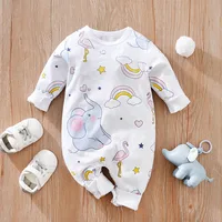 Spring And Autumn Boys And Girls Cute Cartoon Rainbow Elephant Print Cotton Comfortable Long Sleeve Baby Bodysuit 1