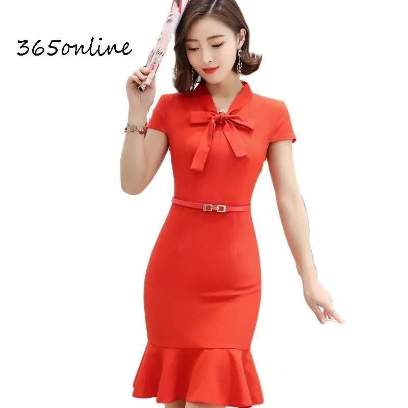 Vestidos naranjas con cinturón OL para mujer, ropa de verano, 2019 - AliExpress de