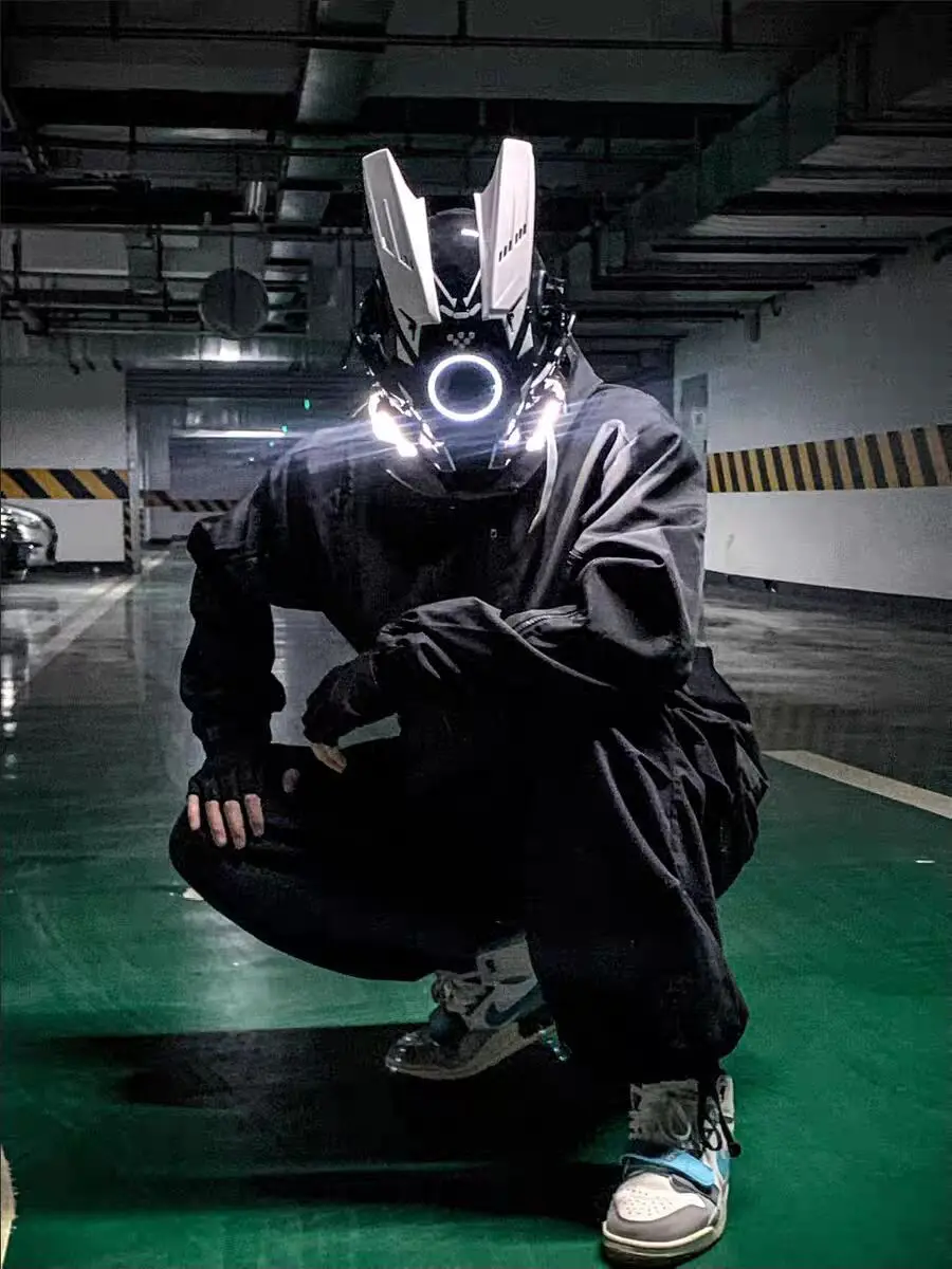LIGUOGUO Cyberpunk - Máscara Cibernética Para Hombre Con Luz LED Para Cosplay Casco Punk Mascara Futurista Mascara De Anime Samurai Accesorios