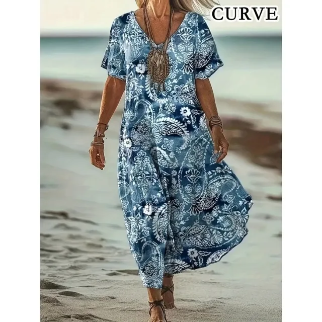 Plus Size Women's 1XL-5XL Fashionable V-neck Bohemian Style Comfortable Short Sleeved Dress