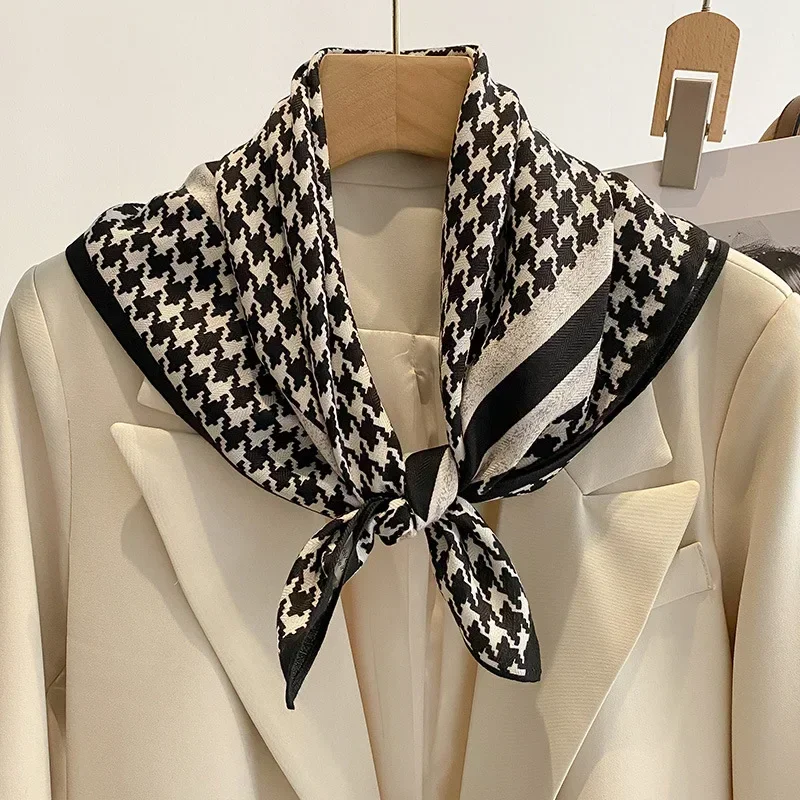 New Luxury Houndstooth Print 70cm Cotton Square Scarf for Women Soft Velvet Small Neckerchief Hair Scarves Office Headband Hijab printed scarf square scarf plain hijab scarf women scarves