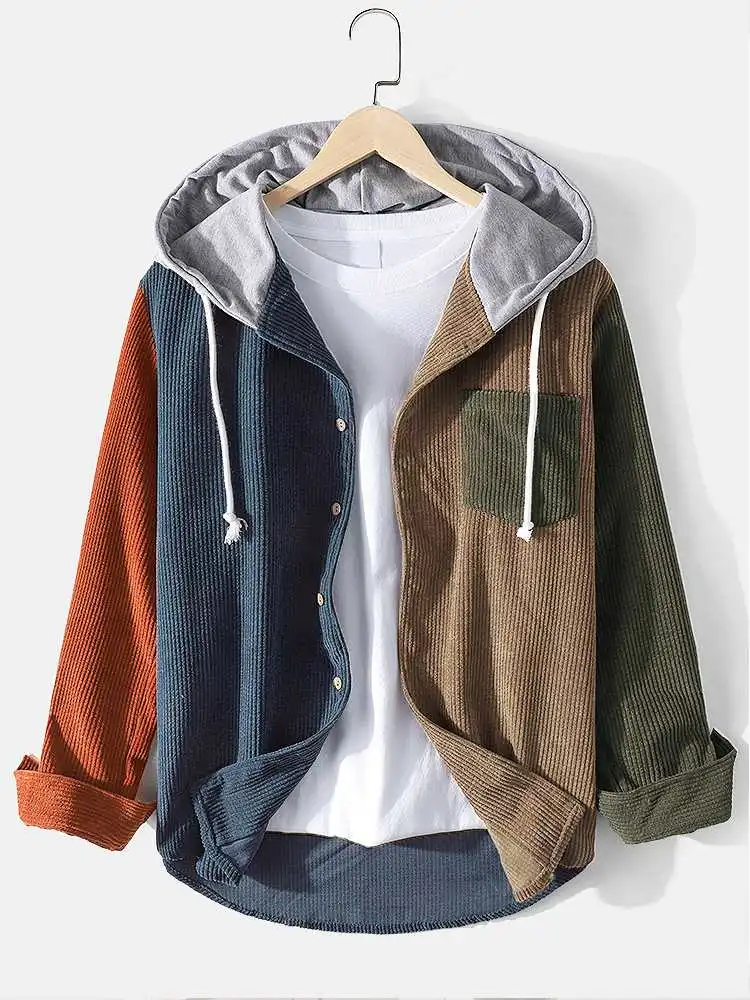 CharmkpR Tops 2023 Fashion Men Corduroy Colorblock Stitching Drawstring Hoodies Casual Streetwear Male Pocket Sweatshirts S-2XL