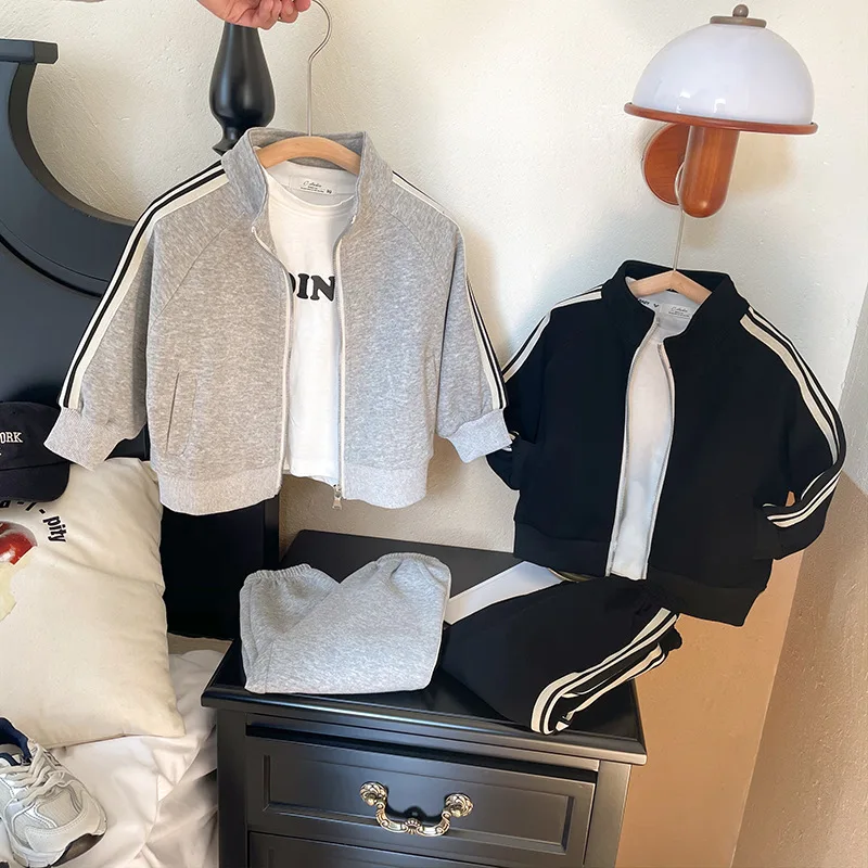 

Children's Suit Spring Autumn Boys and Girls Long Sleeve Stand-up Collar Coat with Ribbon Decoration + Trousers Two-piece Set