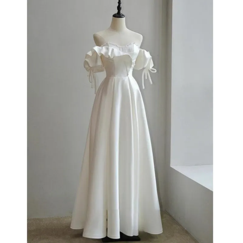 

A Line Wedding Dress Sweet Ruffles Off The Shoulder Princess Vestidos De Novia Simple Satin Long Sukienki Na Wesele Damskie