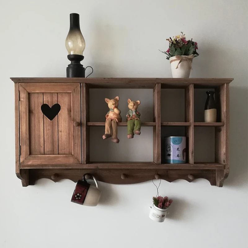 

Handmade Wooden Wall Hanging Shelves Assorted Color Hollow-out Heart Door Cabinet with Hooks Zakka Storage Display Kitchen Decor