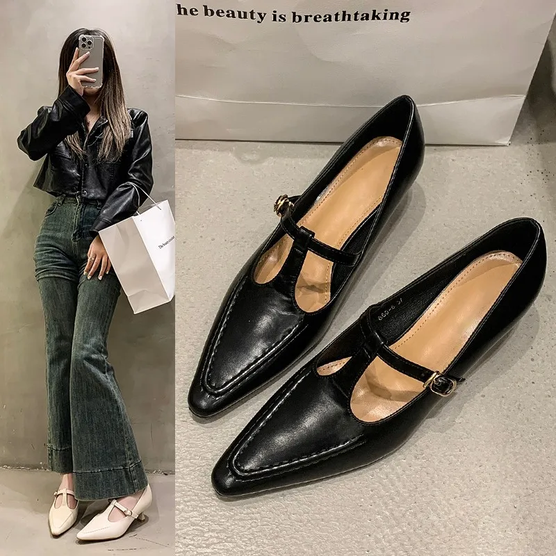 2025Woman Fashion Pointed Toe Buckle Shoes Apricot Retro Kawaii Solid Female Shoes Flats Casual Shallow Mouth Mary Jane Shoes 5