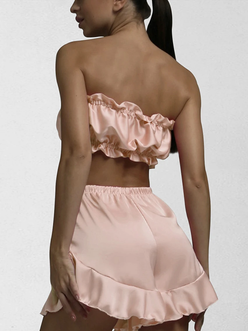 Marthaqiqi Pink Summer Casual Female Pajama Suit Sexy Strapless Sleepwear Backless Crop Top Nightgowns Shorts Home Clothes Women