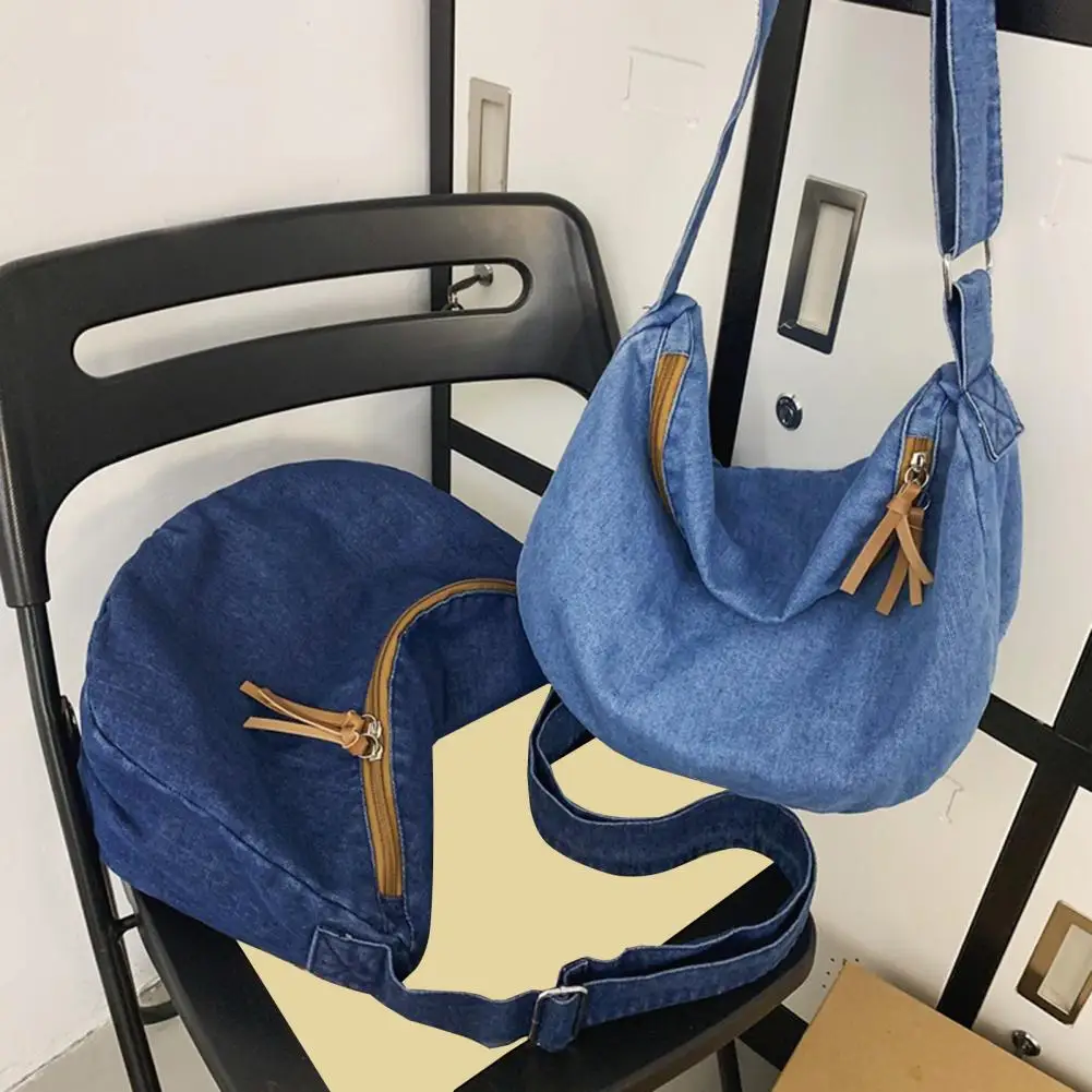 

Capacity Stylish Denim Crossbody Bag Casual Canvas Tote with Adjustable Strap Zip Closure for Women Students Fashion Lovers