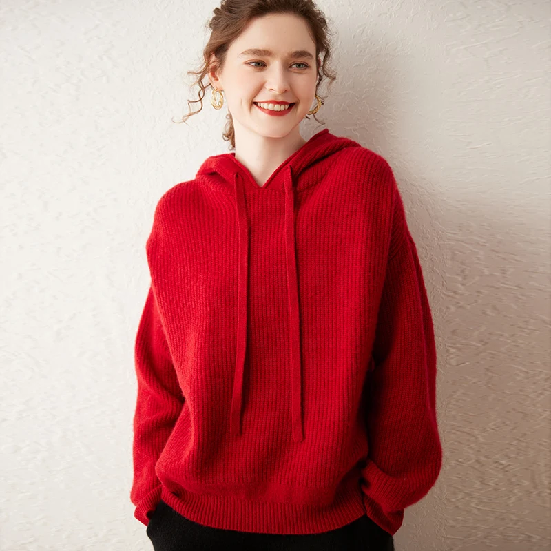 

Женский вязаный свитер с капюшоном, теплый Свободный пуловер из чистого кашемира, большие размеры, весна-зима 2023