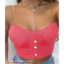 

Women Camis Top Summer Sexy Chain Spaghetti Strap Strapless Top Women's Fashion Backless Single Breasted Short Knitted Camis Top