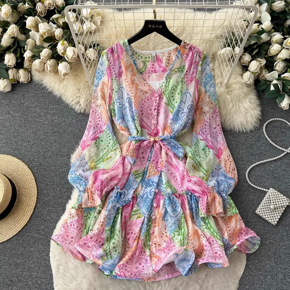 

2023 Holiday Vintage Palce Style V Neck Loose Casual Lantern Sleeve Print Mini Beach Party Dresses Spring Summer Women Bow Dress