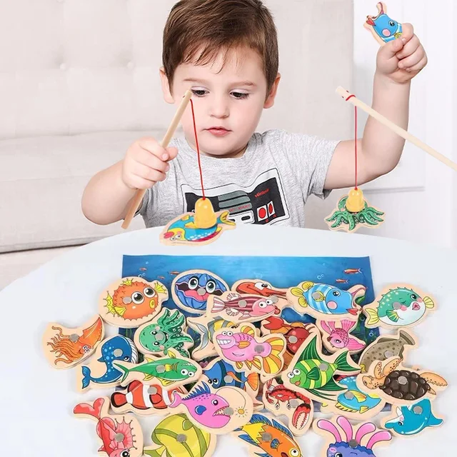 Игрушка рыболовная деревянная Магнитная для детей, мультяшный персонаж морской жизни, познавательная игра с рыбами, развивающая Интерактивная детская игрушка для родителей и детей 1