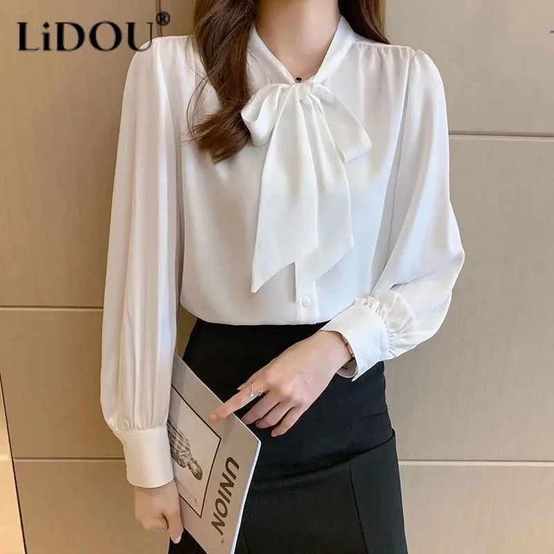 

Tops Women Blouse Spring And Autumn Loose Long Sleeve Solid Color Popularity V-neck Single-breasted Bow Cardigan Korean Style
