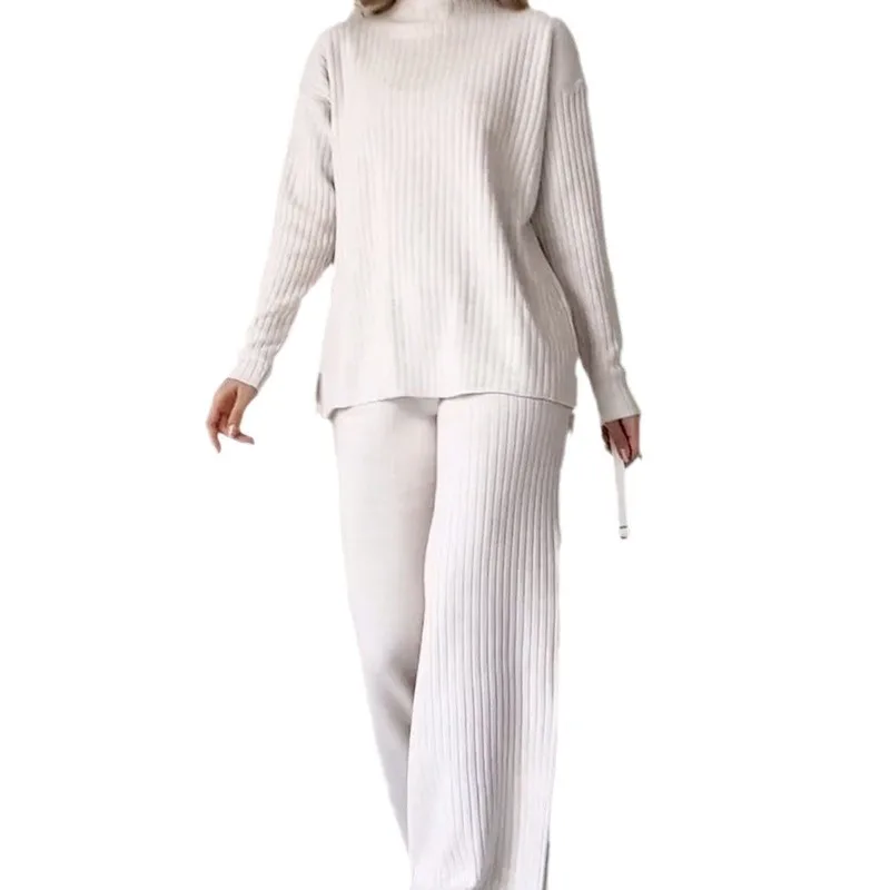 Two Pieces Women Pant Sets Solid Turtleneck Tops Pullover Wide Leg Ankle Length Pants Matching Sets Pockets Sports Casual 5
