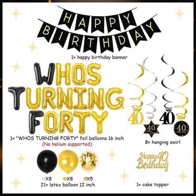 40th Birthday Decorations for Men Women, Black and Gold Party Decorations  Kit - Happy Birthday Banner Black and Gold Balloons Confetti Balloons  Swirls