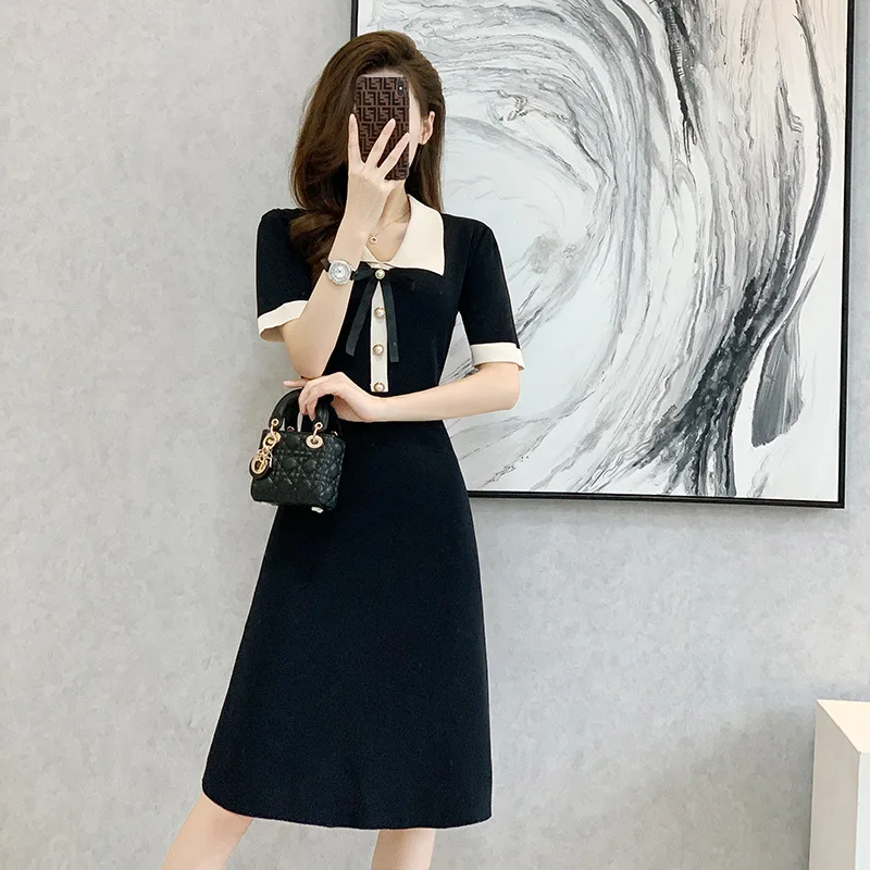 

Knitted Sweater Dress Women Summer Clothes Ice Silk Bow Polo Collar A Line Black High Waist Dresses 2022 New XC078