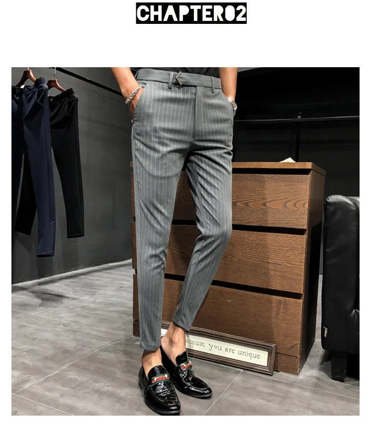black blazer for men Style British Suit Pants Men Dress Pants Social Slim Fit Office Trousers Men Grey 2022 Spring New Striped Belt Trousers Men's casual blazer