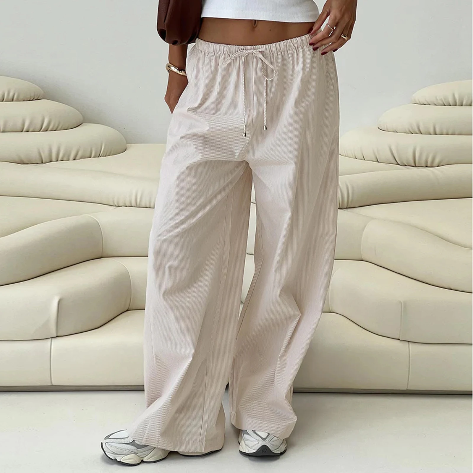 

Combhasaki Women's Loose Wide Leg Long Pants Casual Striped Print Elastic Drawstring Low Waist Cleanfit Trousers Streetwear