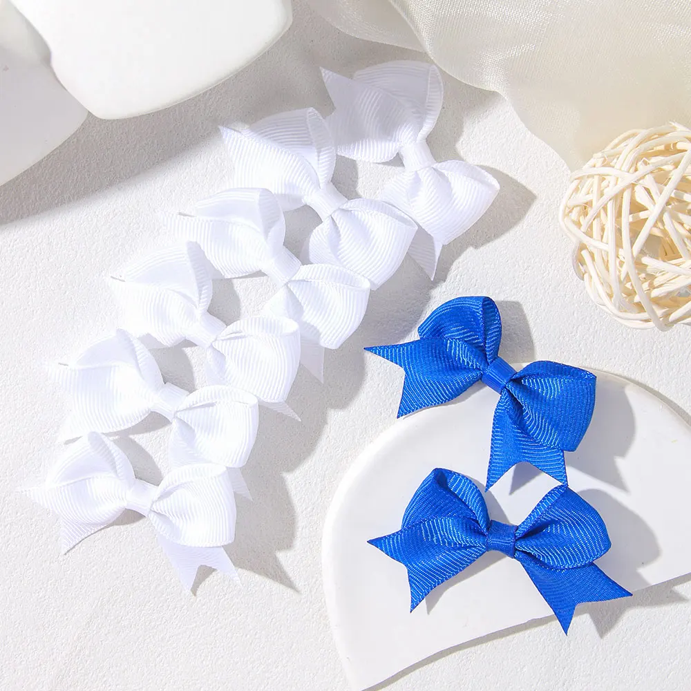 2/4/6개 솔리드 리본 보우노트 헤어 클립 블루 화이트 소녀용 수제 리본 키즈 바레트 헤어 액세서리 도매