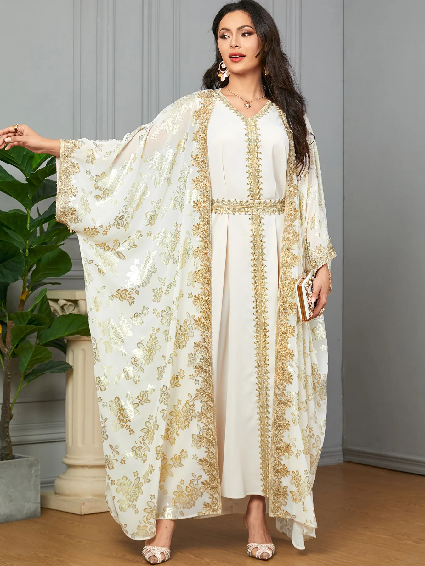 Middle East Abaya Woman Long-sleeved Cardigan Dress Abaya Robe Gold-stamped Muslim Arab Clothing Two-piece Dress