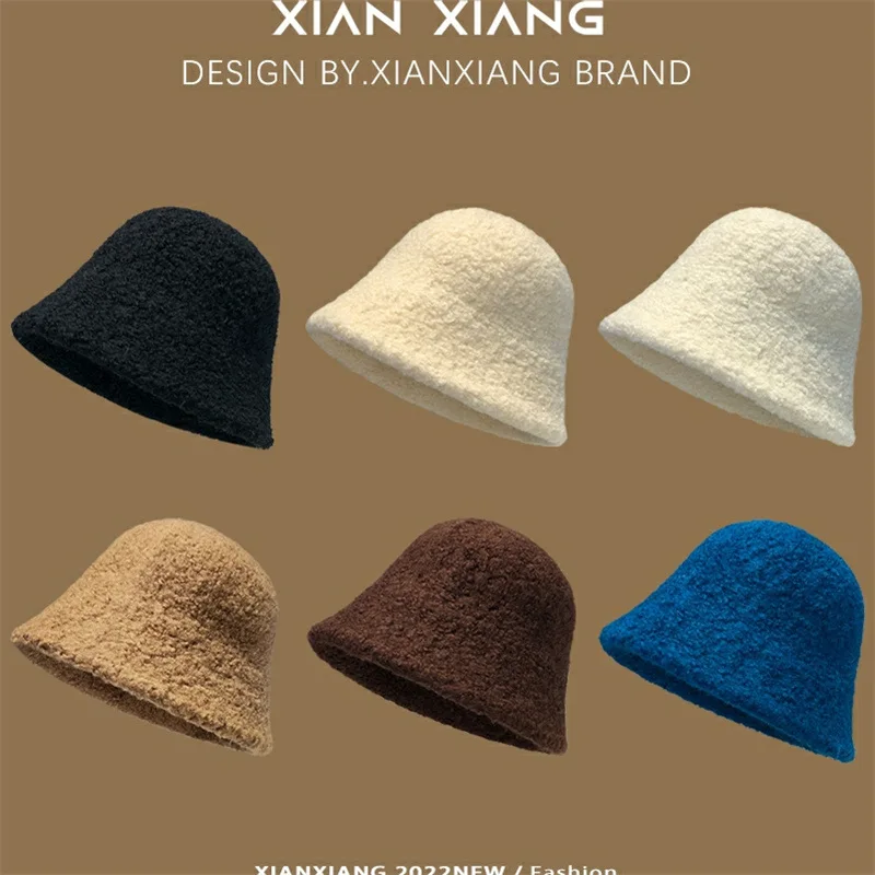 Hat Women's Winter New Lamb Wool Bucket Hat Autumn and Winter Plain Face Small Bucket Solid Color Thermos