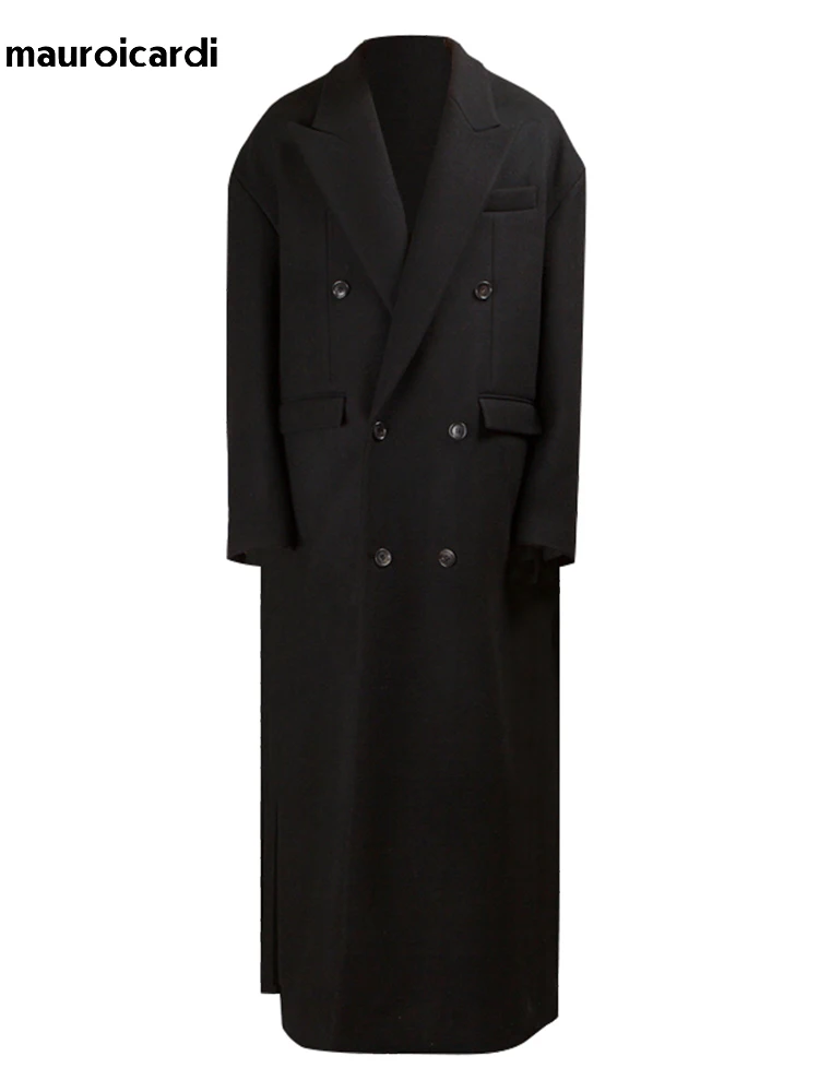 Mauroicardi Autumn Winter Extra Long Black Oversized Thick Warm Soft Wool & Blends Coat Men Double Breasted Korean Fashion 2023 6