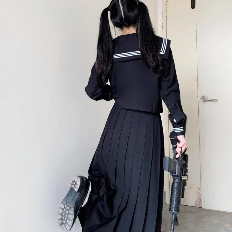 Japanese School Uniforms Style Student Girls Navy Costume Women Sexy Black JK Long Dress Suit Sailor Blouse Pleated Skirt Set japanese school uniform japanese schoolgirl skirt japanese women dress