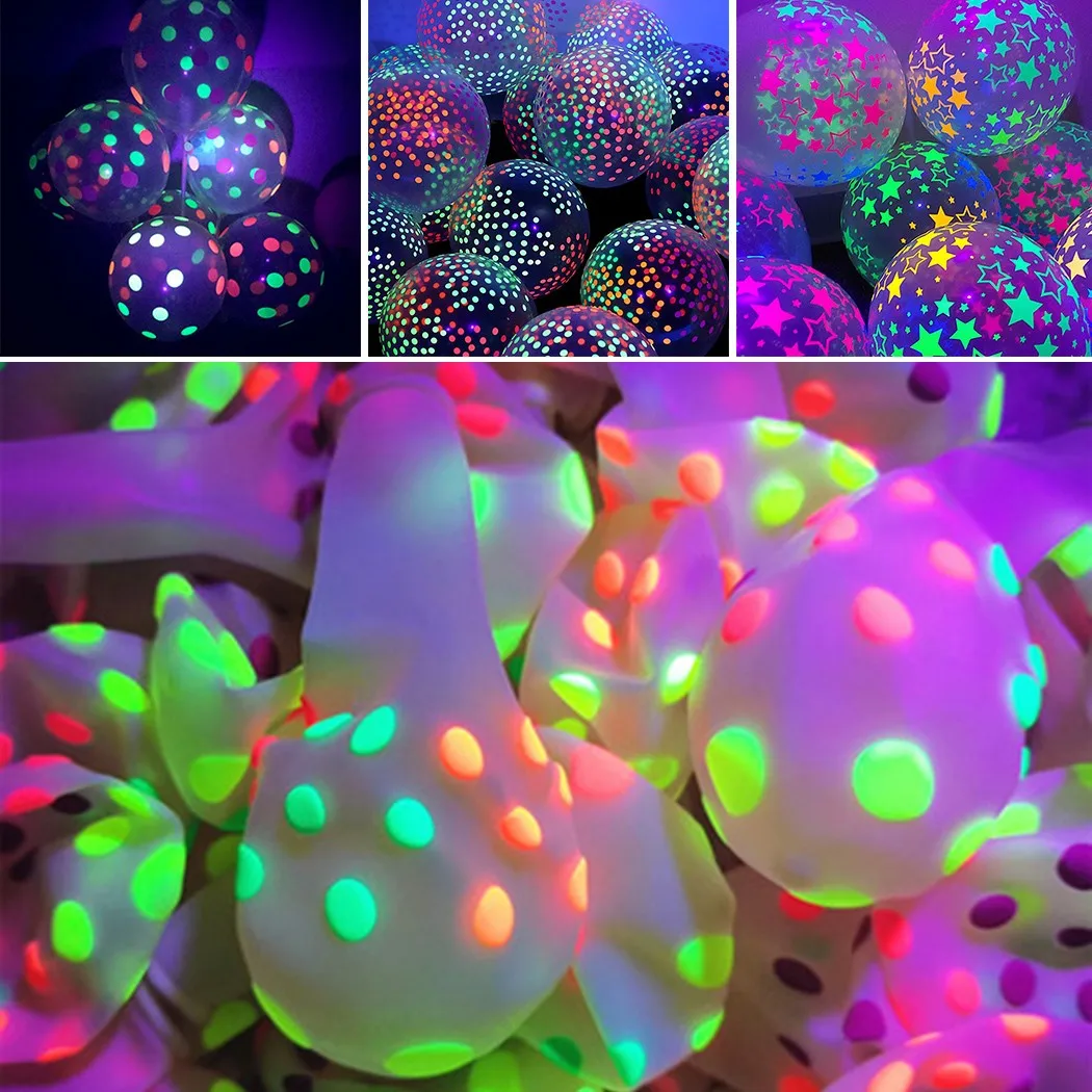 

10× Clear Latex 12 Inch Neon UV Blacklight Reactive Star Balloons Stars Points Birthday Party Decorations