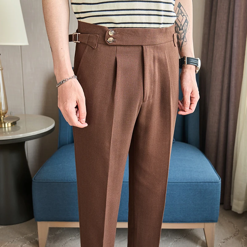 

High Quality Cotton and Linen Men's Suit Pants High Waisted Business Casual Dress Pants Ankle Length Office Social Trousers