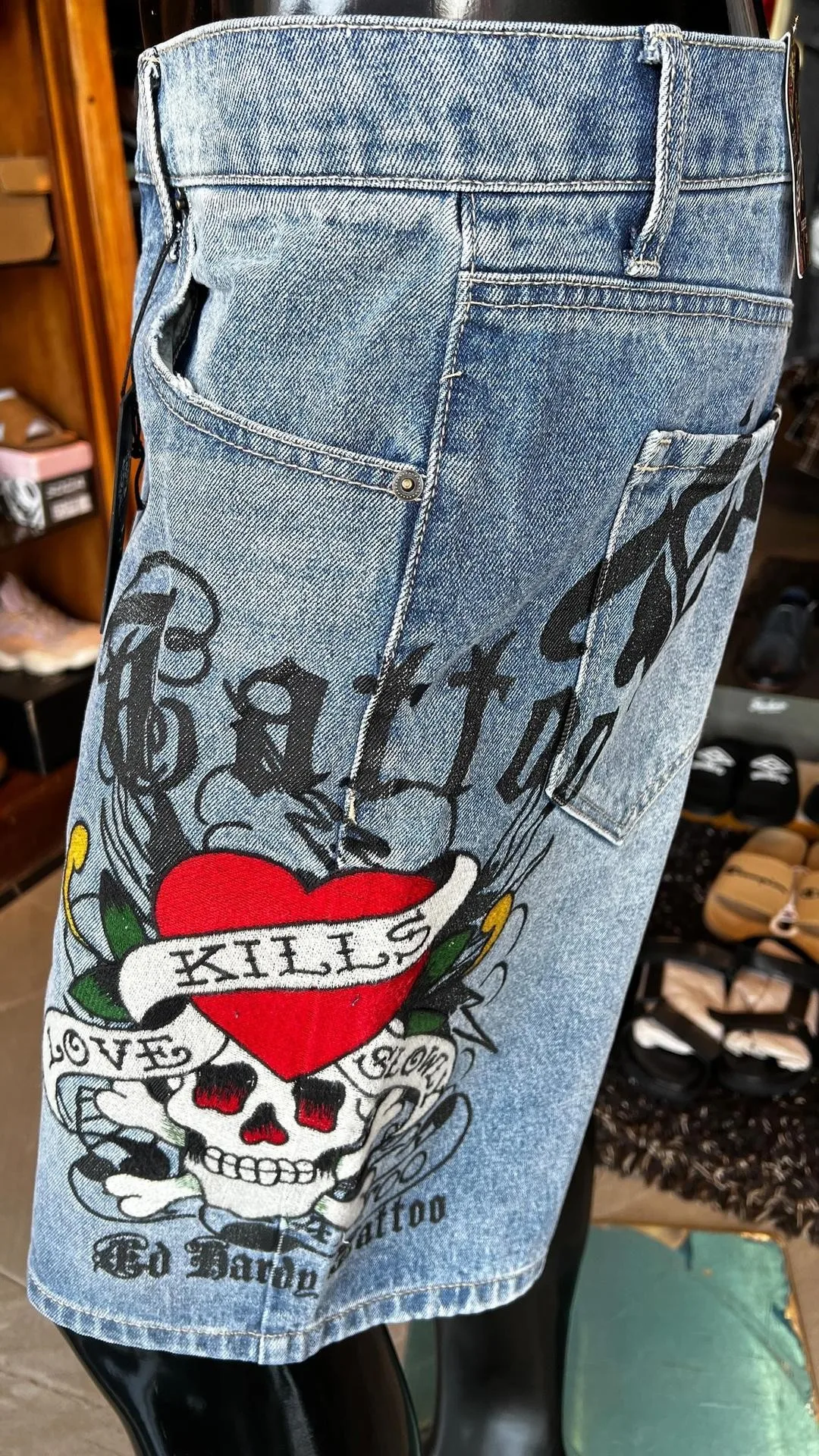 Trendy Brand Men Vintage Skull Skaters Short Classics Blue Wash Denim Shorts Summer Hip Hop Graphic Embroidery Streetwear Jorts