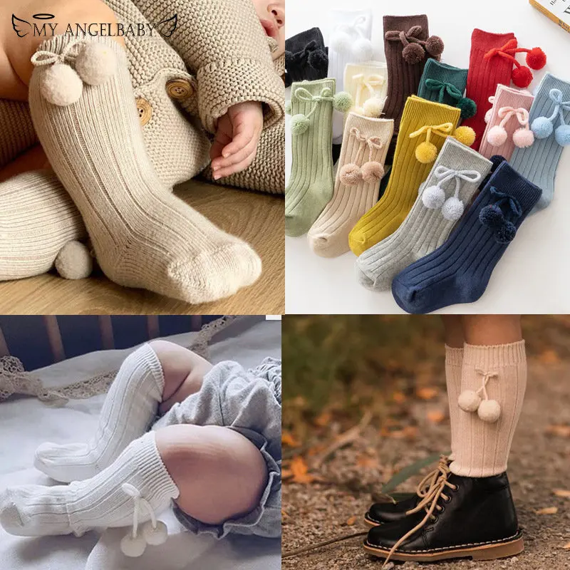 

Baby Girls Cherry Ball Knee High Socks Toddler Tube British Style Princess Socks For Kids Knitted Sock Leg Warmer 0-4 Years