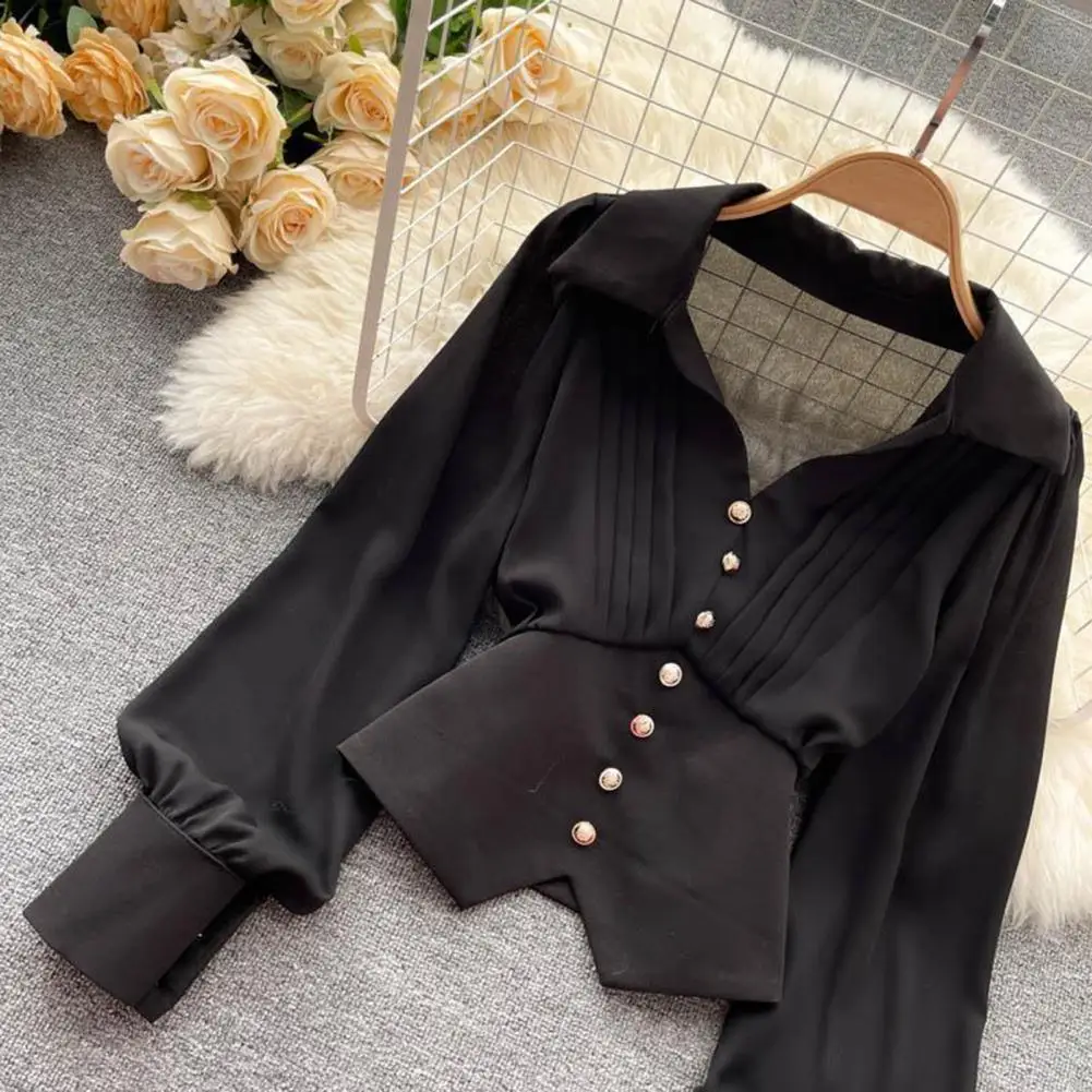 

Puff Long Sleeve Shirt Soft Shirt Top Style Lapel V-neck Puff Sleeve Shirt Irregular Hem Solid Color Top for Women Elegant