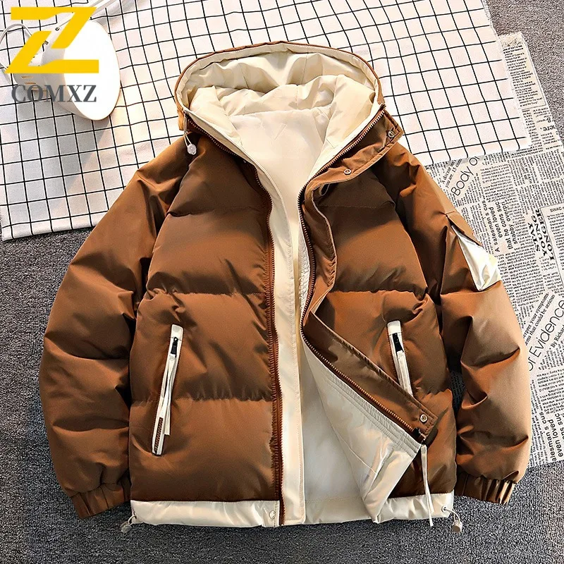 COMXZ 2025 New Men's Fake Two-Piece Cotton Jacket Winter Warm Thickened Hooded Windproof Casual outdoor sports tactics Outerwear