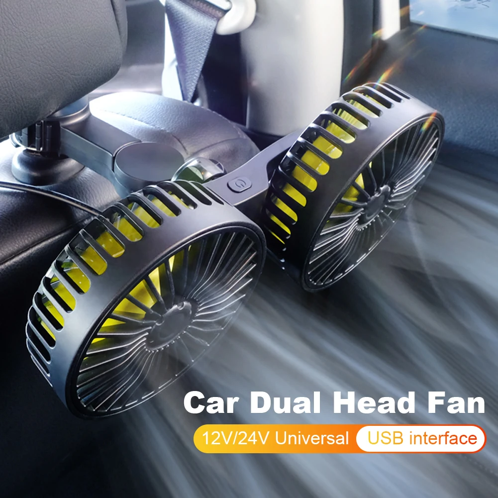 

12V/24V Car Neck Cooler 360 Degree Rotation Auto Headrest Ventilation Fan Dual Head USB 3 Speed Adjustable for Vehicle SUV Sedan