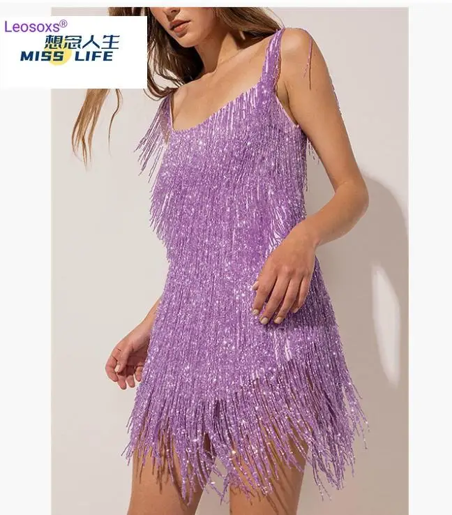 

Women Sexy Sparkly Sequin Tassel Flapper Dress Spaghetti Strap Backless Party Concert Dress with Layered Tassels Clubwear