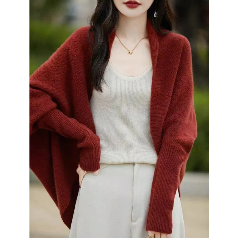 Autumn and Winter New Women's Cardigan Batman Solid Color Sweater Fashionable and Elegant Knitted Loose Cape Vintage Shawl Top