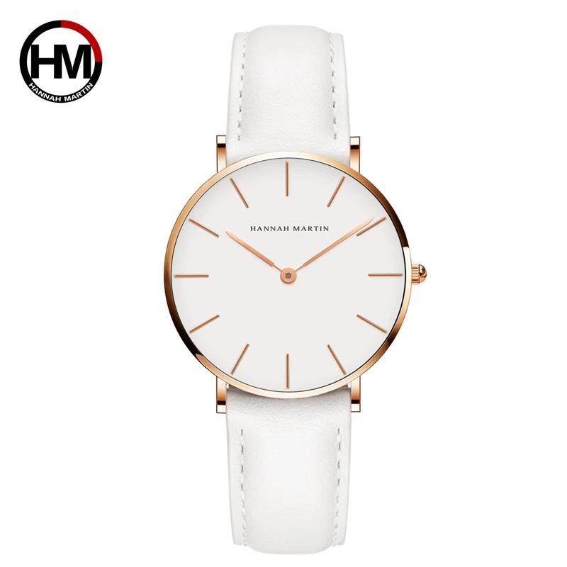 

Hannah Martin Japan Quartz Simple Women Fashion Watch White Leather Strap Ladies Wrist Watches Brand Waterproof Wristwatch 36mm