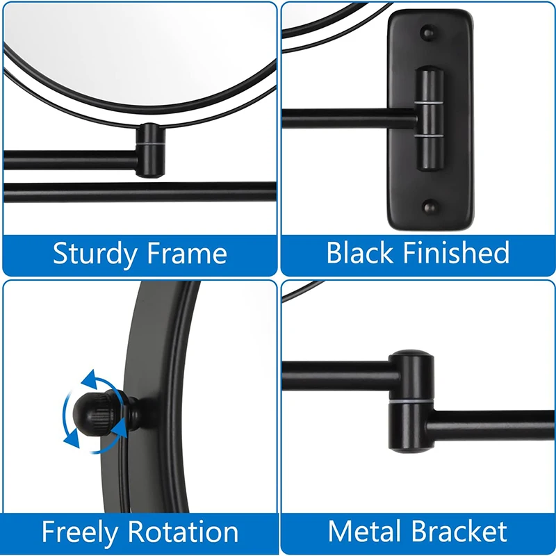 9인치 검정색 벽걸이형 욕실 거울 10배 확대 화장 거울 조절 가능한 디밍 화장대 조명 거울