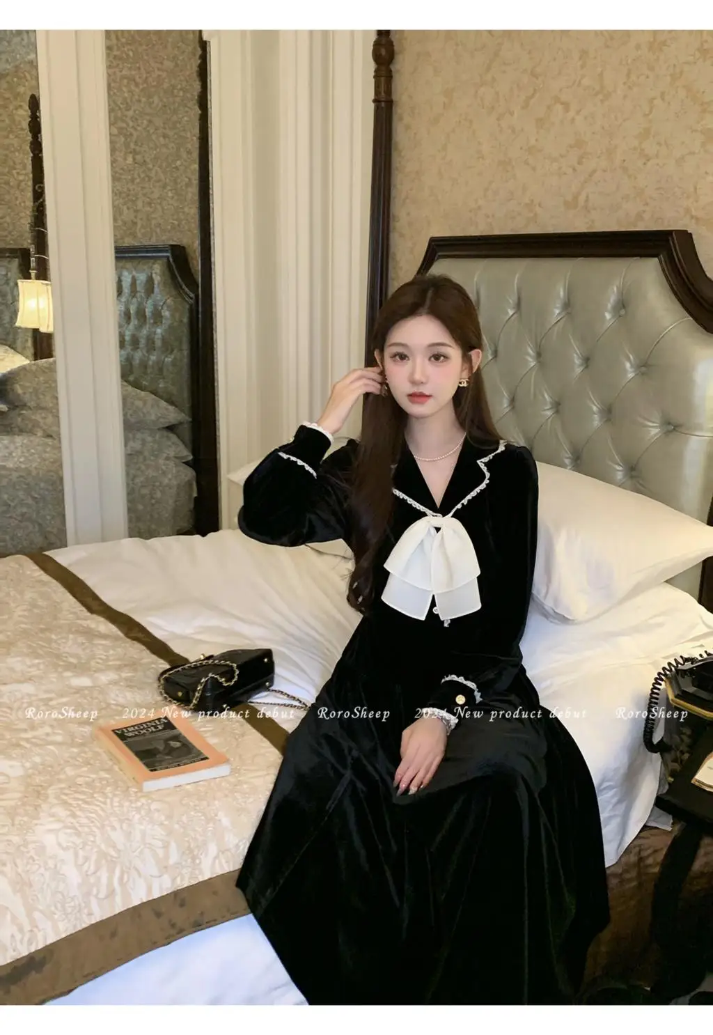 Elegant Vintage Lapel Midi Dresses for Women Bow Long Sleeve Birthday Party Dress A-line Autumn New Korean Fashion Vestido Mujer