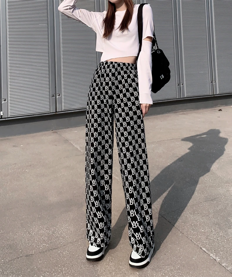 plaid pants elastic knitted Pants Fashion Women Casual Loose Wide Leg Trousers Retro Straight Trousers Hip-hop Unisex Streetwear plus size clothing