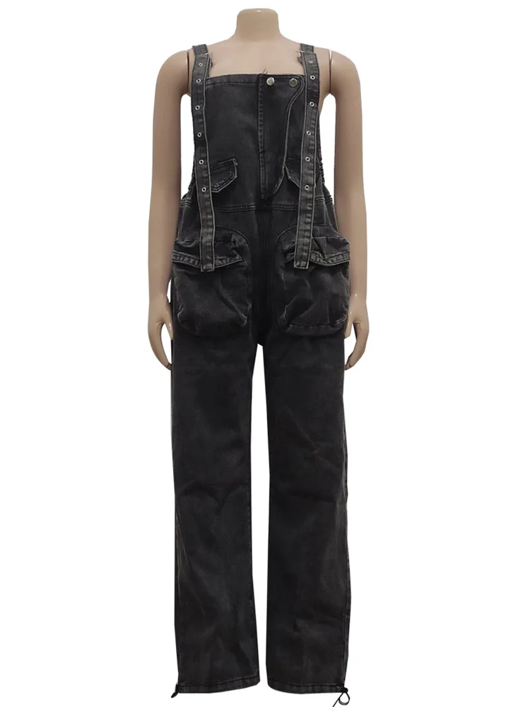Wmstar Women's Jumpsuit Denim Cargo Pockets One Piece Outfits Wide Leg Black Fashion Streetwear Romper Wholesale Dropshipping