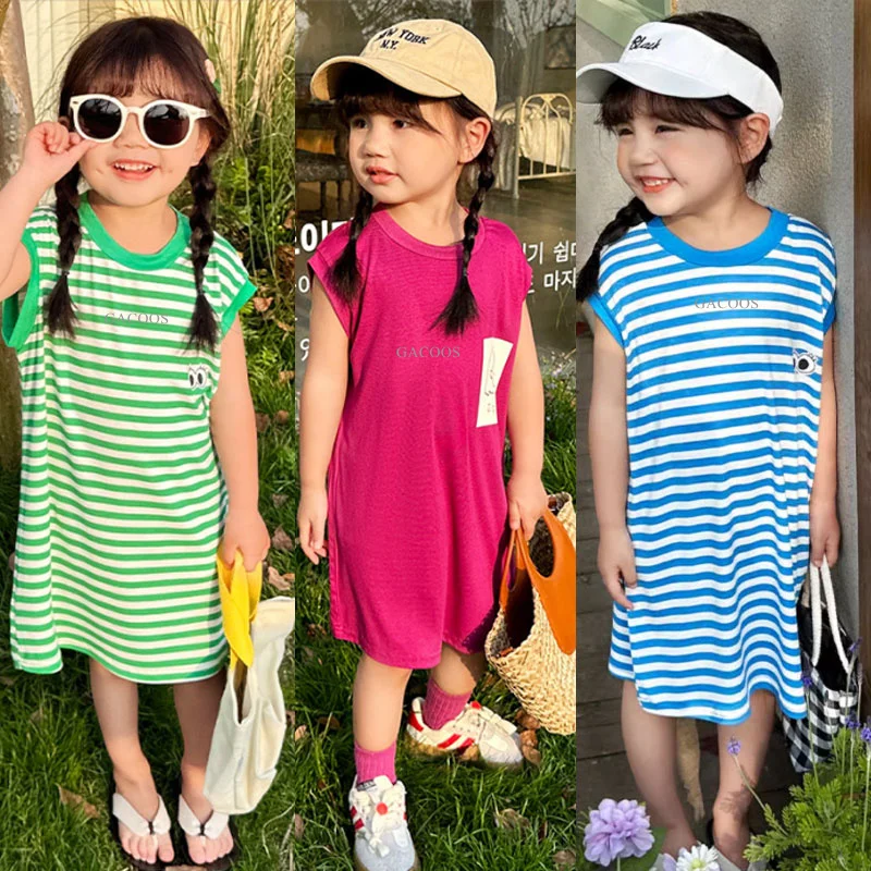 Summer Kids Baby Girls Sleeveless Stripe Causal Dress Modal Soft Dresses Outfits 2-12Y